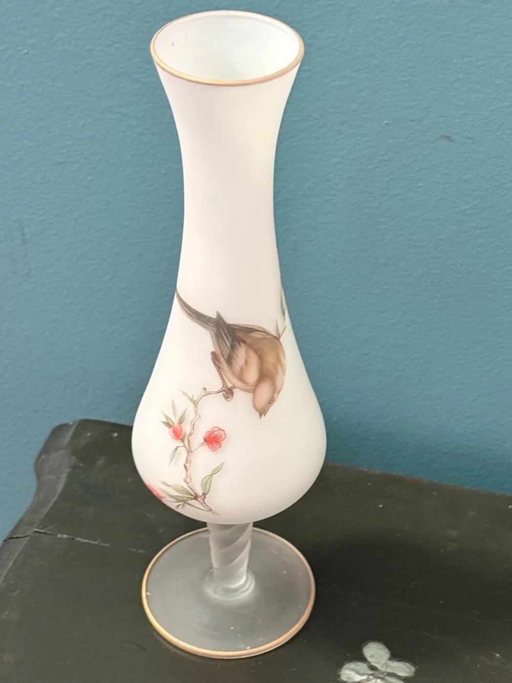 Vintage Norleans Italy Style Frosted Glass Bird Vase 9.5” Twisted Stem Gold Trim